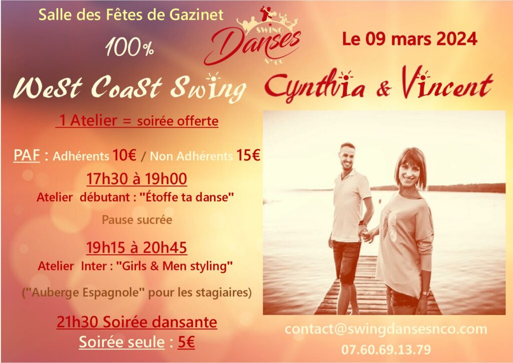 Cynthia & Vincent vous attendent pour un après-midi et une soirée … "100 % WEST COAST SWING